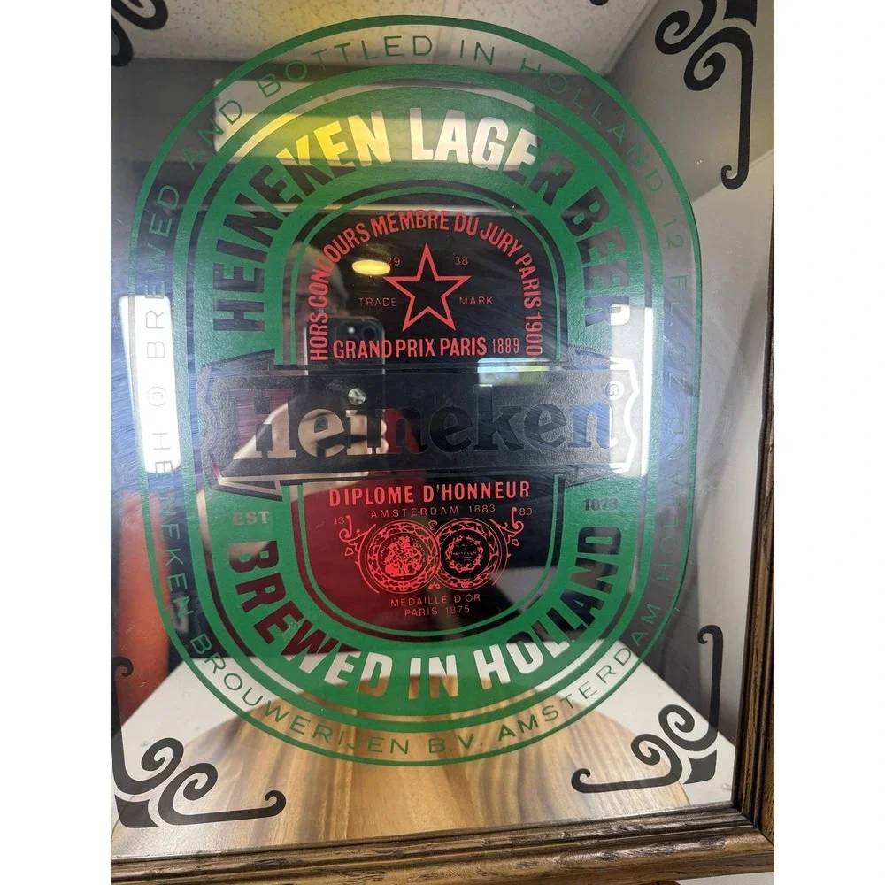 Vintage Heineken Beer Mirror Sign Wood Frame Bar Pub Decor 19.5 x 23.5in Sign